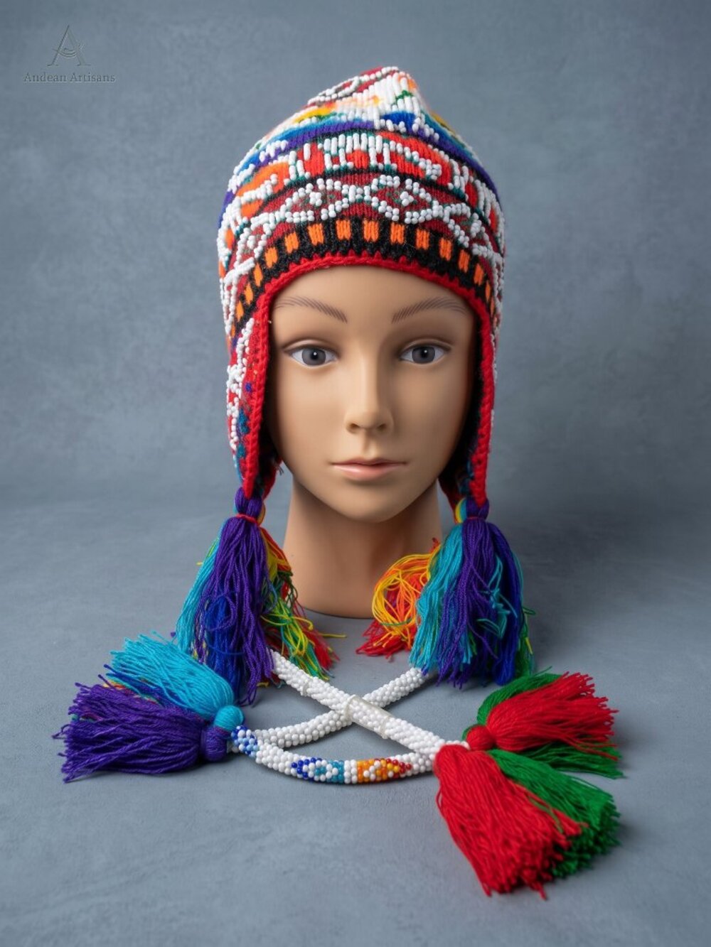 Handcrafted Andean Chullo with Beadwork and Multicolored Pom-poms